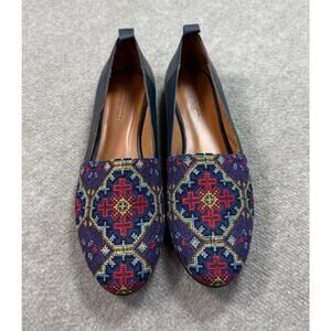 Womens Embroidered Navy Patterned Flats